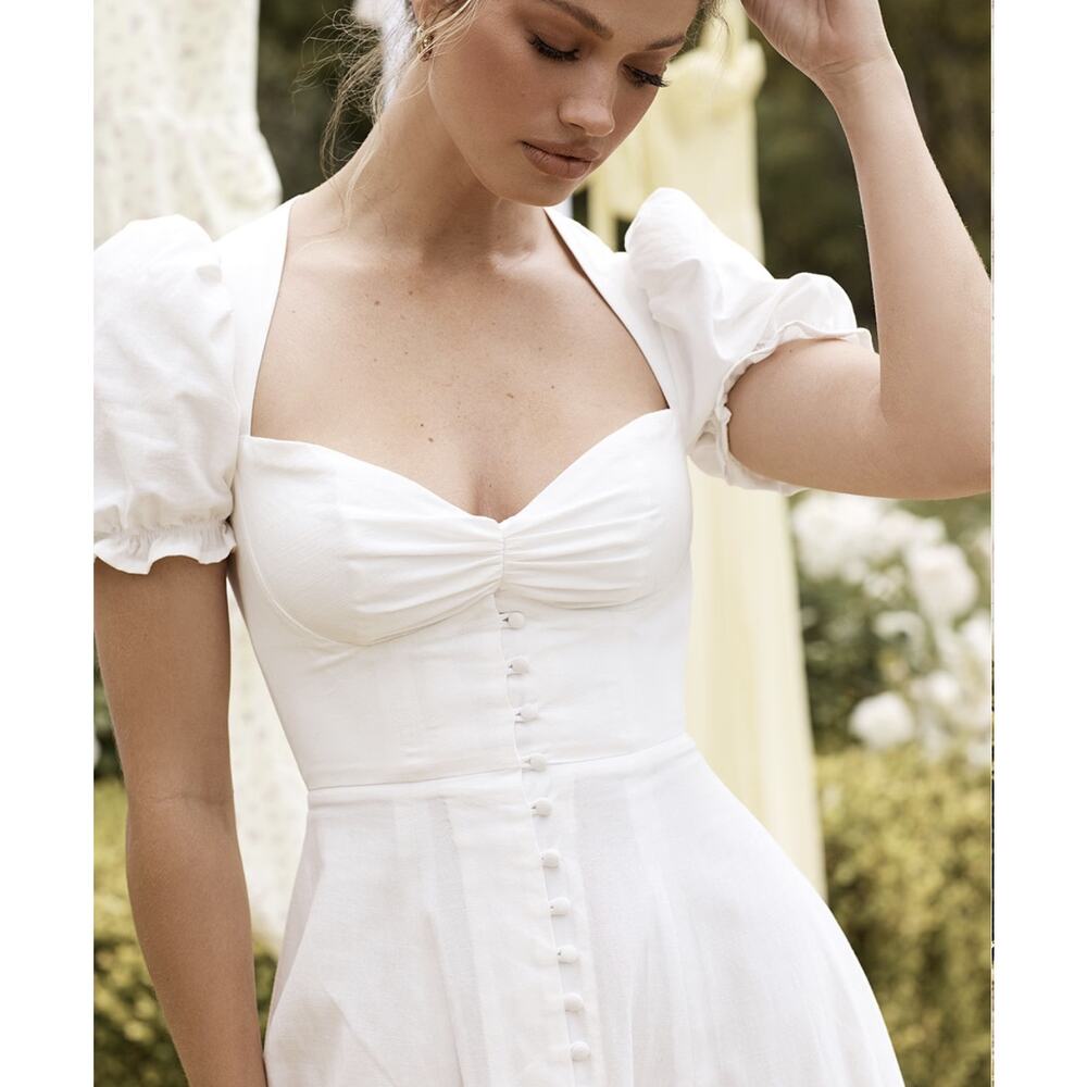 House of CB Ellery White linen blend puff sleeve midi sundress - Picture 7 of 7